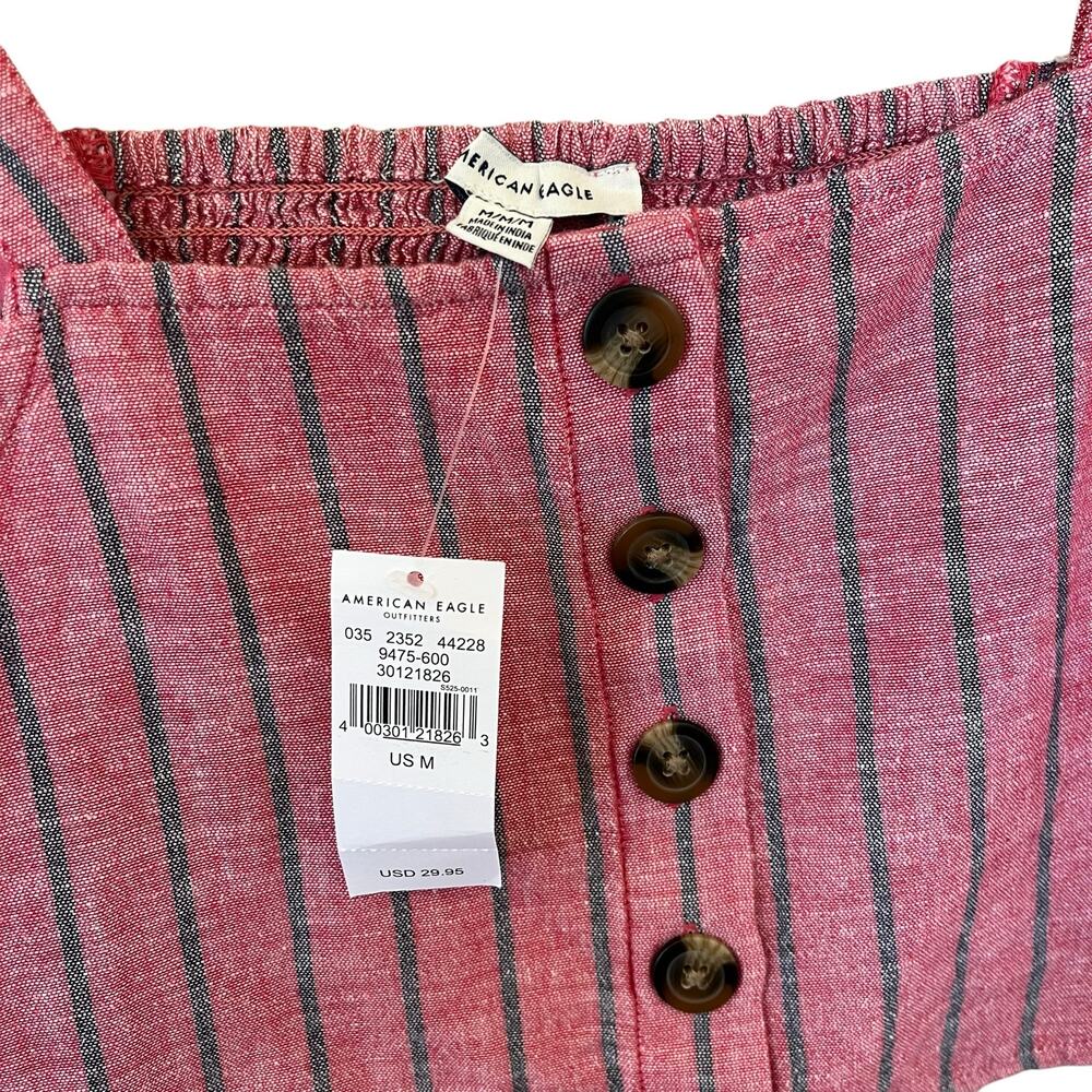 American Eagle Crop Top Sz Medium Washed Red Black Stripe Cotton Linen Smocked - Picture 8 of 9